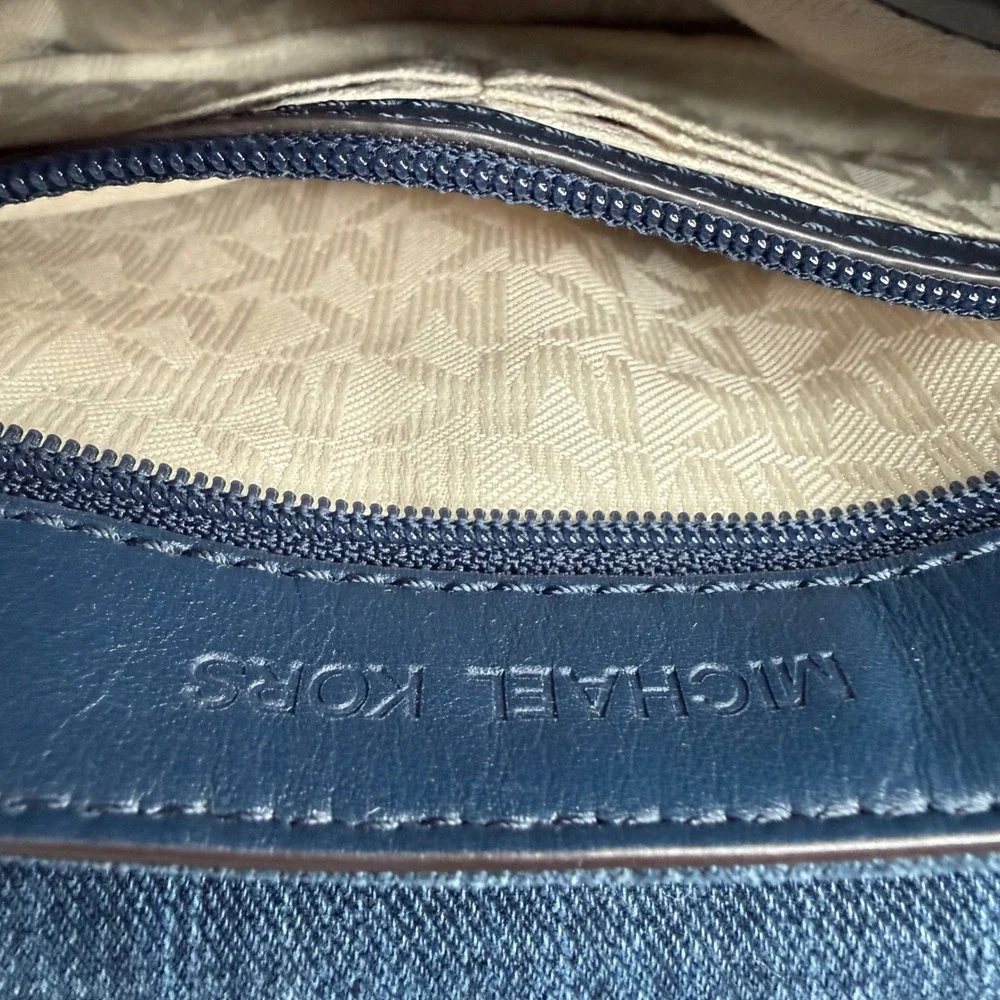 Michael Kors Sloan Large Denim Patchwork Frayed Chevron Shoulder Bag Blue Silver - Picture 12 of 15
